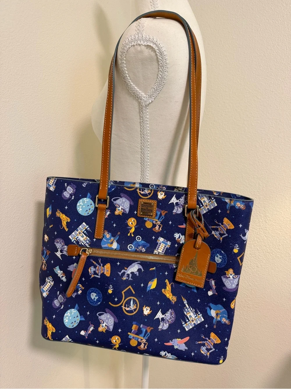 Dooney & Bourke Navy Blue 💙 Disney 50th Anniversary Tote Tan Trim Alice Dumbo